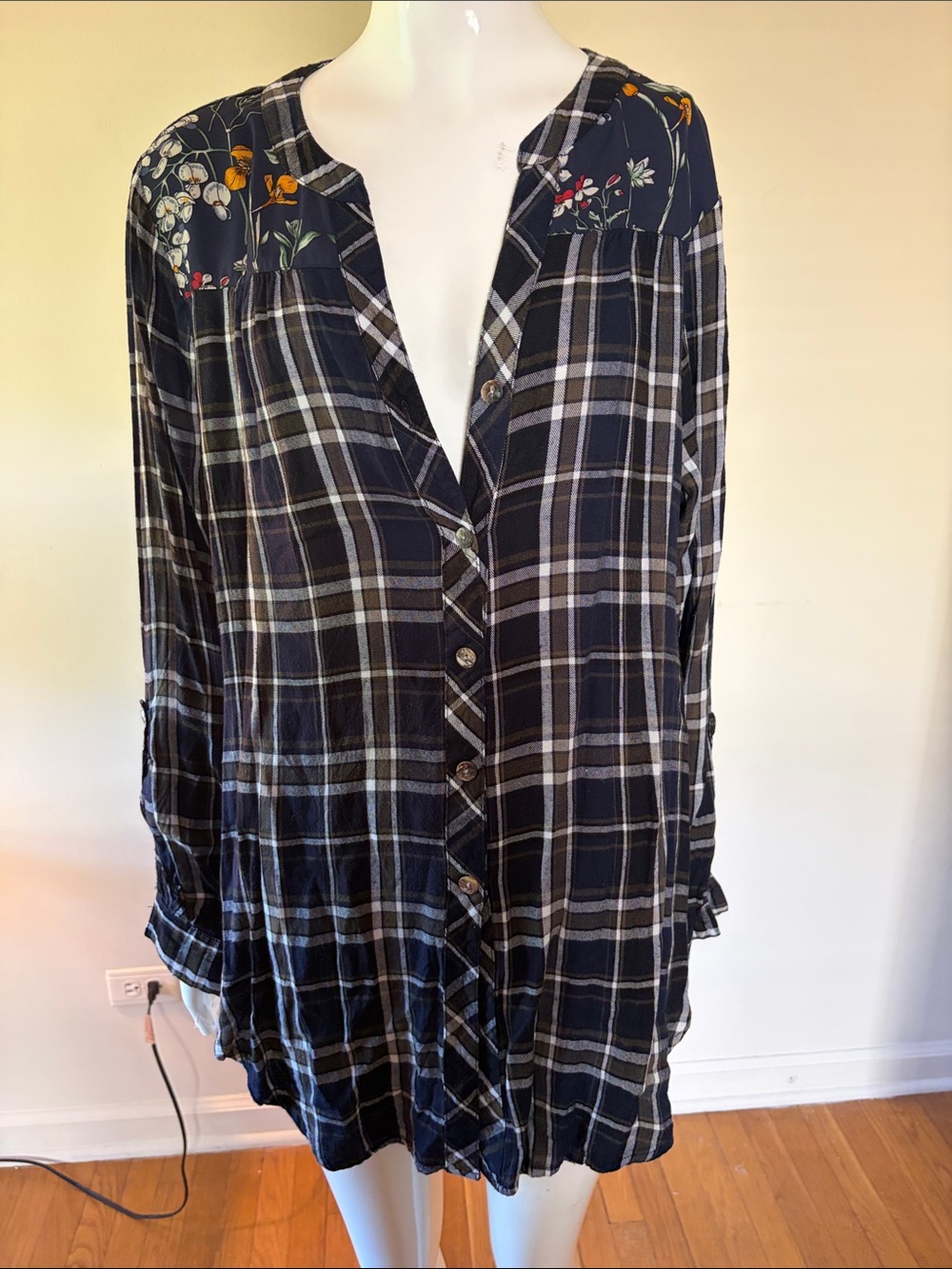 Westport Navy Plaid Button-Front Tunic with Floral Bsck Yoke